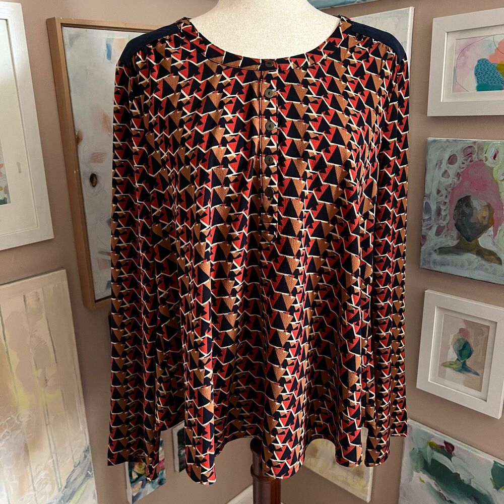 Miss Me Artsy Geometric‎ Print Long Sleeve Boho Blouse Size Large y2k Western